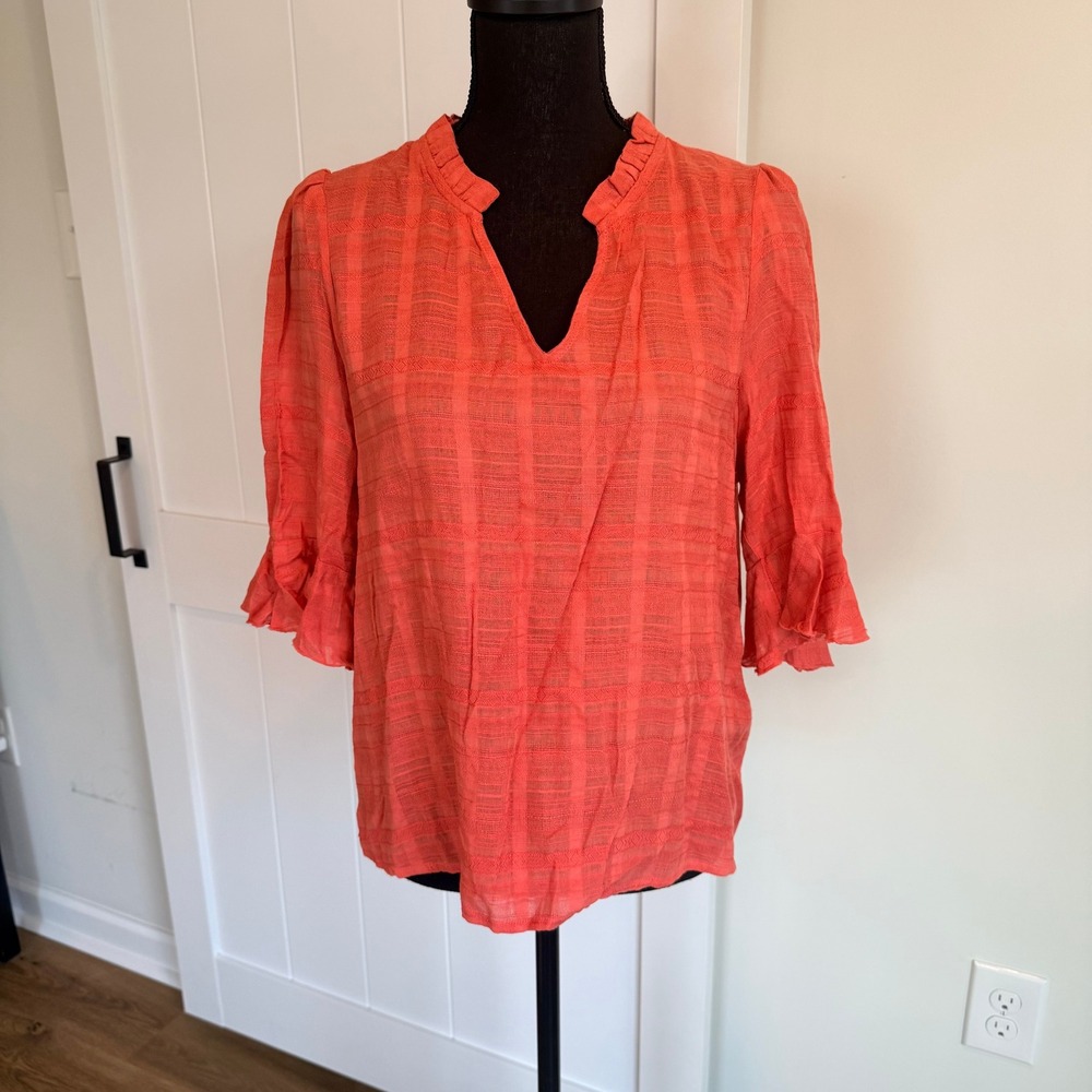 Anthropologie Dolan Left Coast Collection Coral Orange Ruffle‎ V-Neck Blouse M